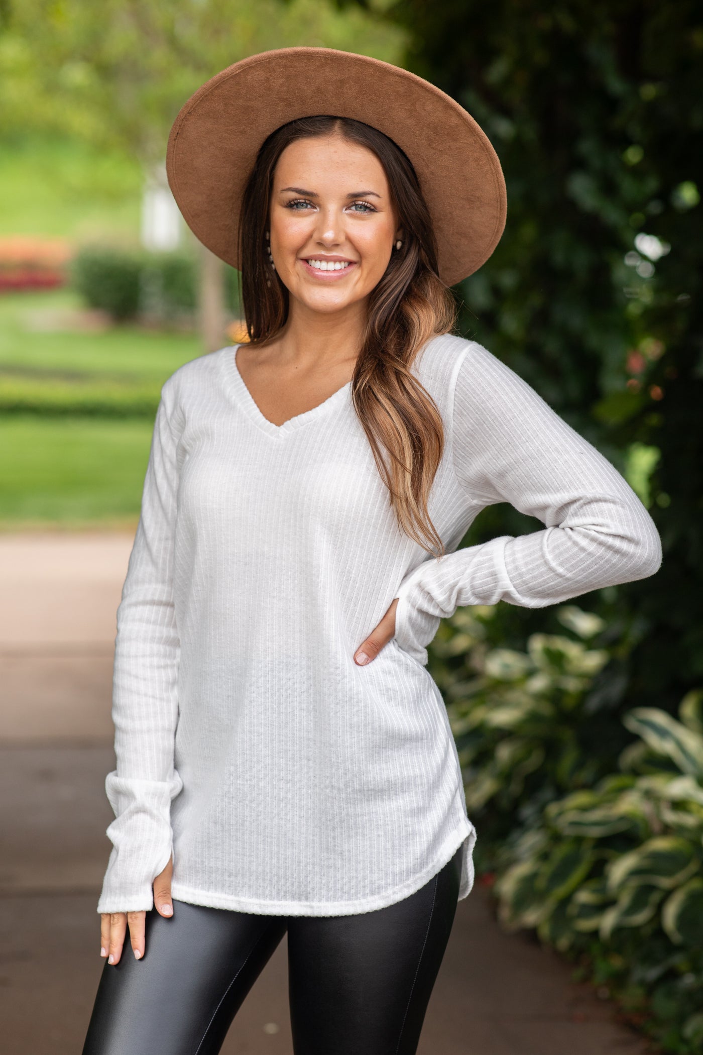 Off White V-Neck Ribbed Top With Thumbholes