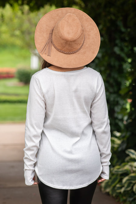 Off White V-Neck Ribbed Top With Thumbholes