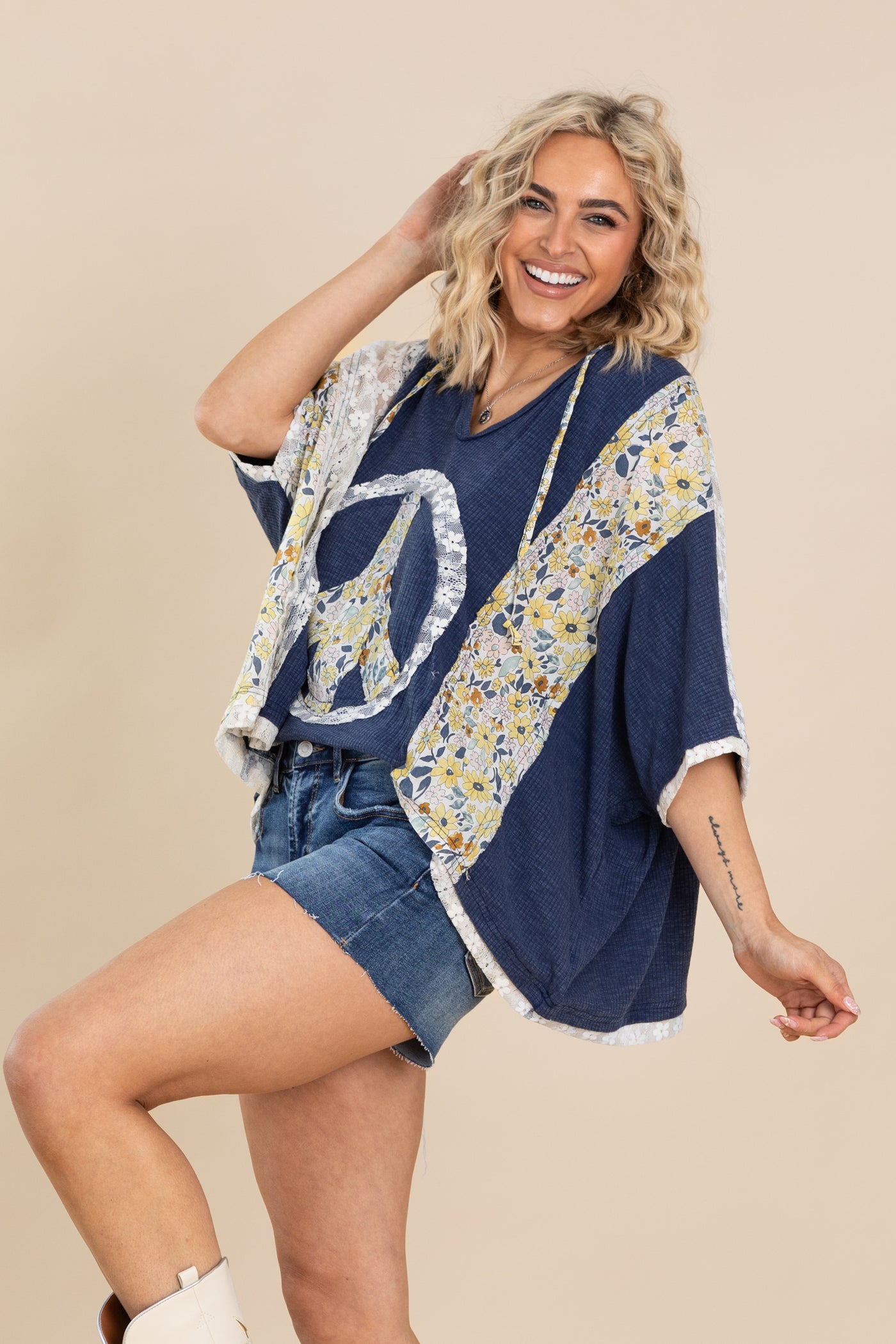 Navy Oversized V-Neck Floral Peace Knit Top