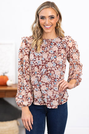 Wine and Tan Floral Top With Ruffle Trim