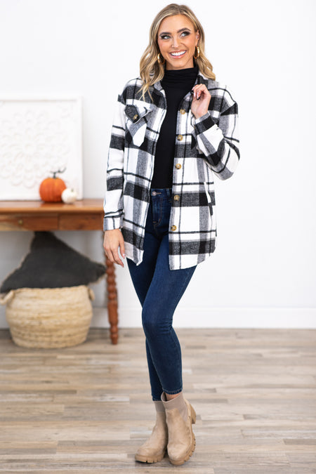 Black and White Plaid Shacket With Pockets