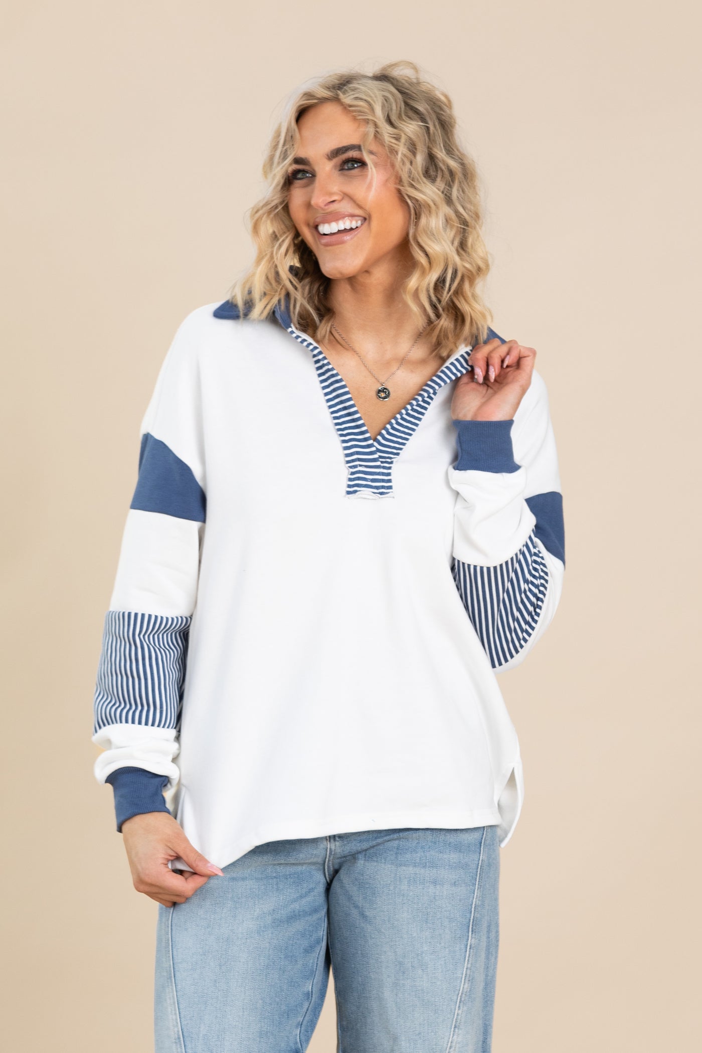 Striped Colorblock Collared Sweatshirts