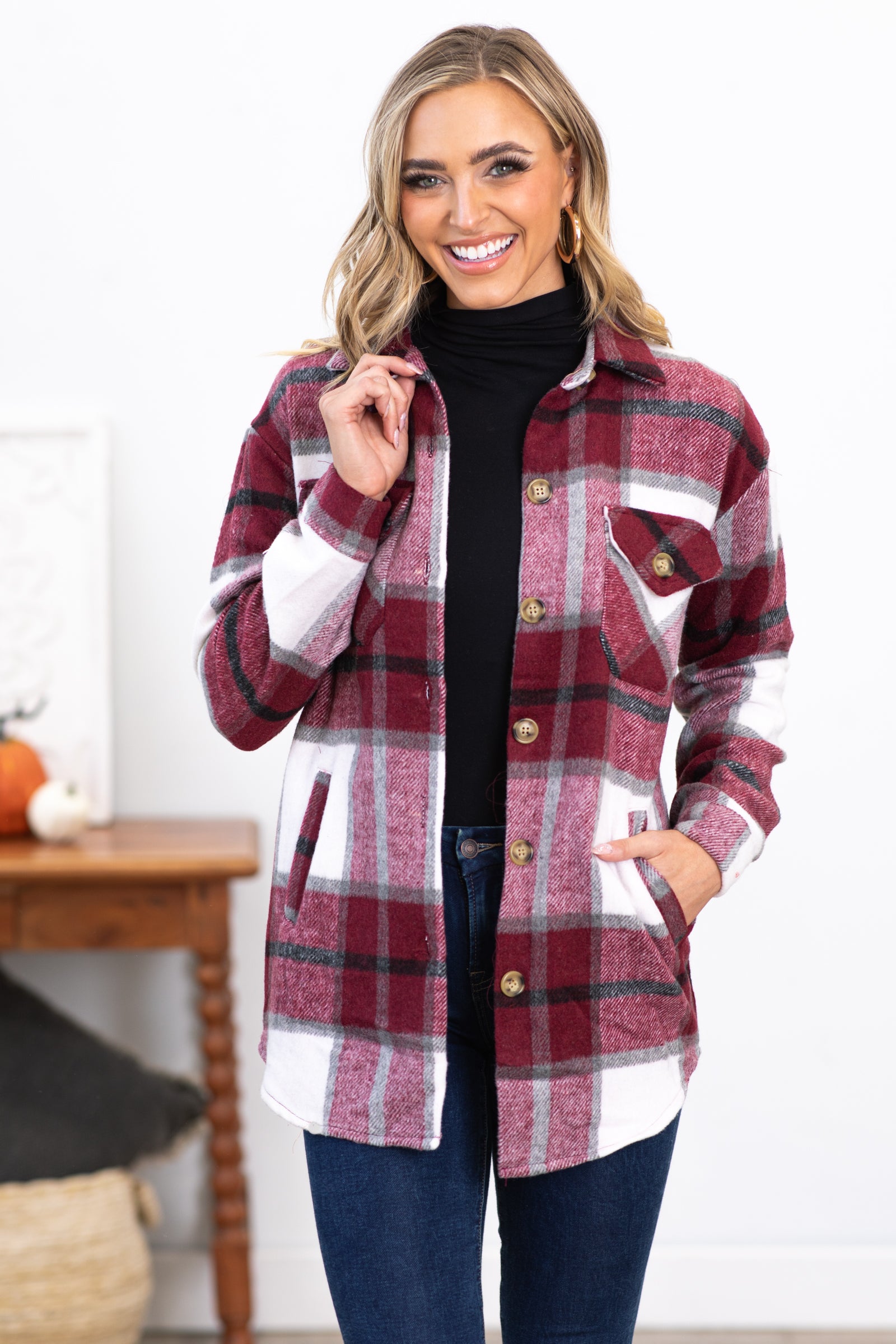 Burgundy and White Plaid Shacket With Pockets · Filly Flair