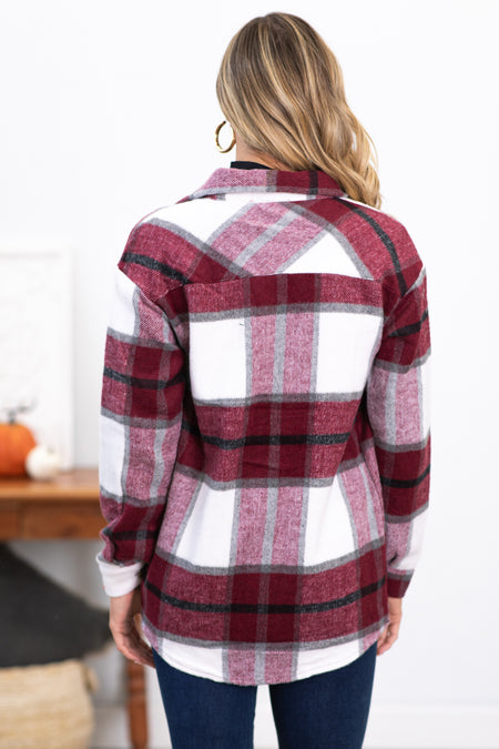 Burgundy and White Plaid Shacket With Pockets