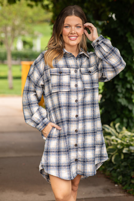 Navy and Off White Plaid Shirt Dress