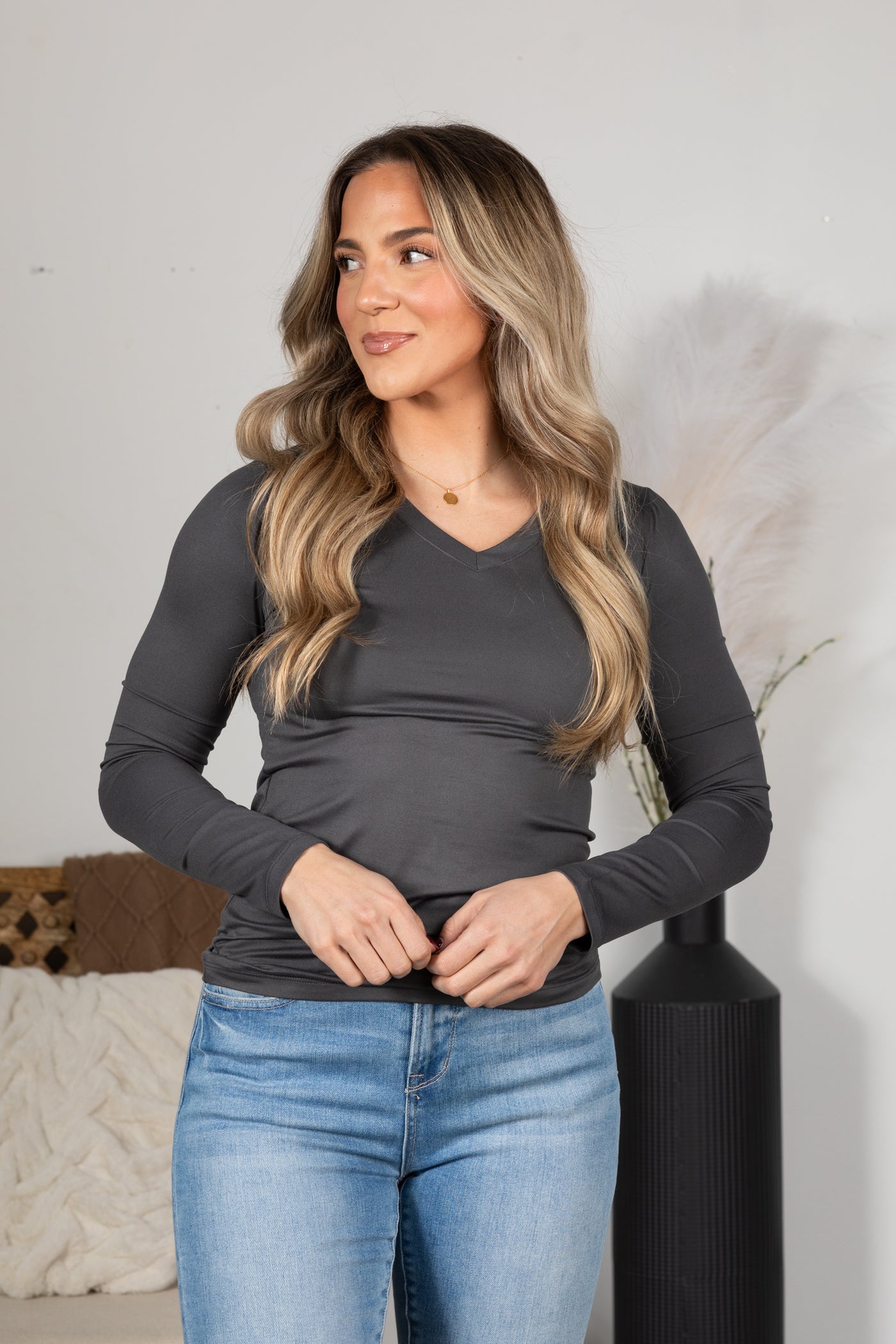 Brushed Microfiber Long Sleeve V-Neck Knit Top