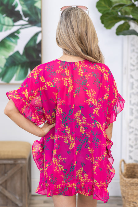 Fuchsia and Yellow Floral Print Kimono