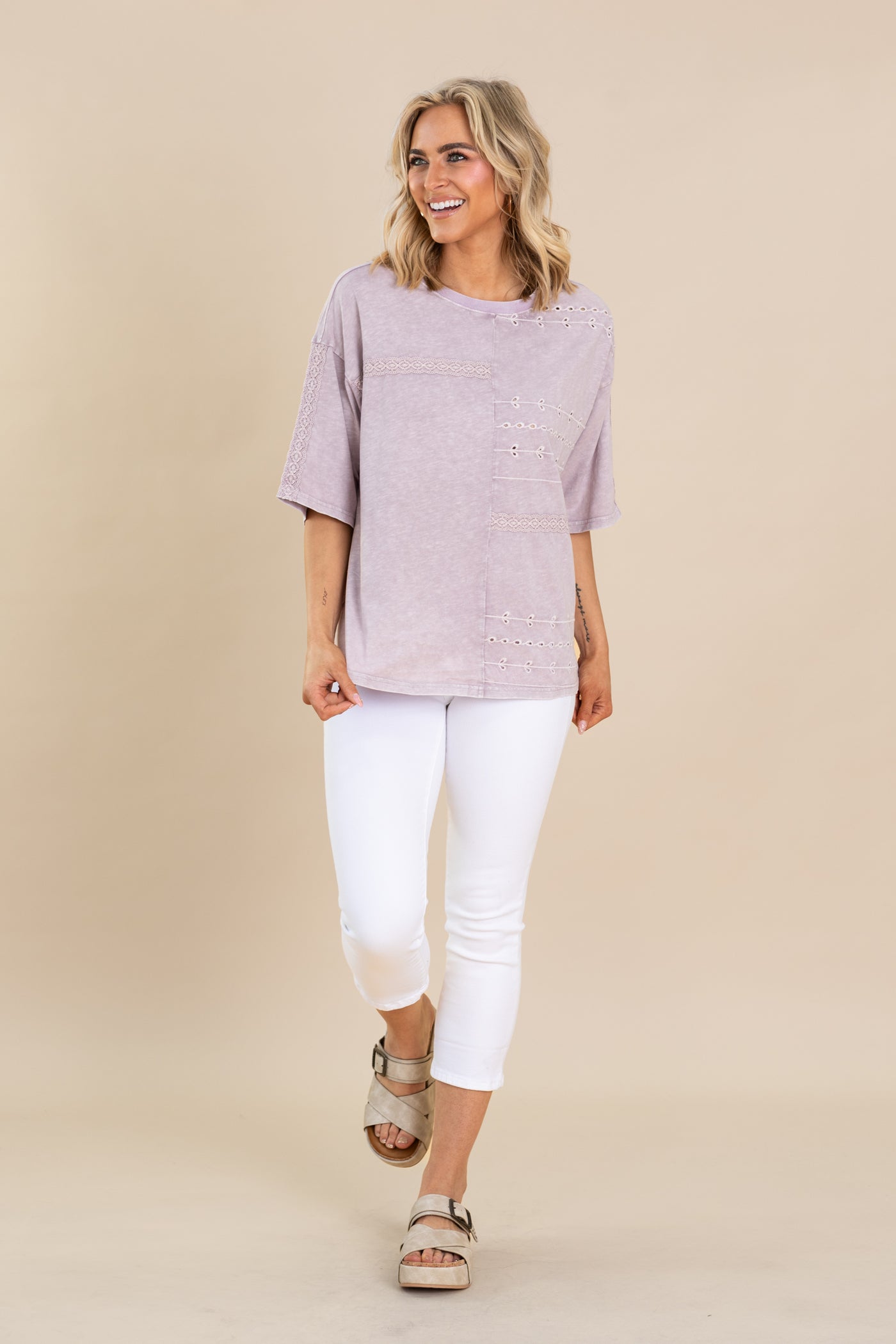 Dusty Lavender Embroidery Mix Slub Knit Top