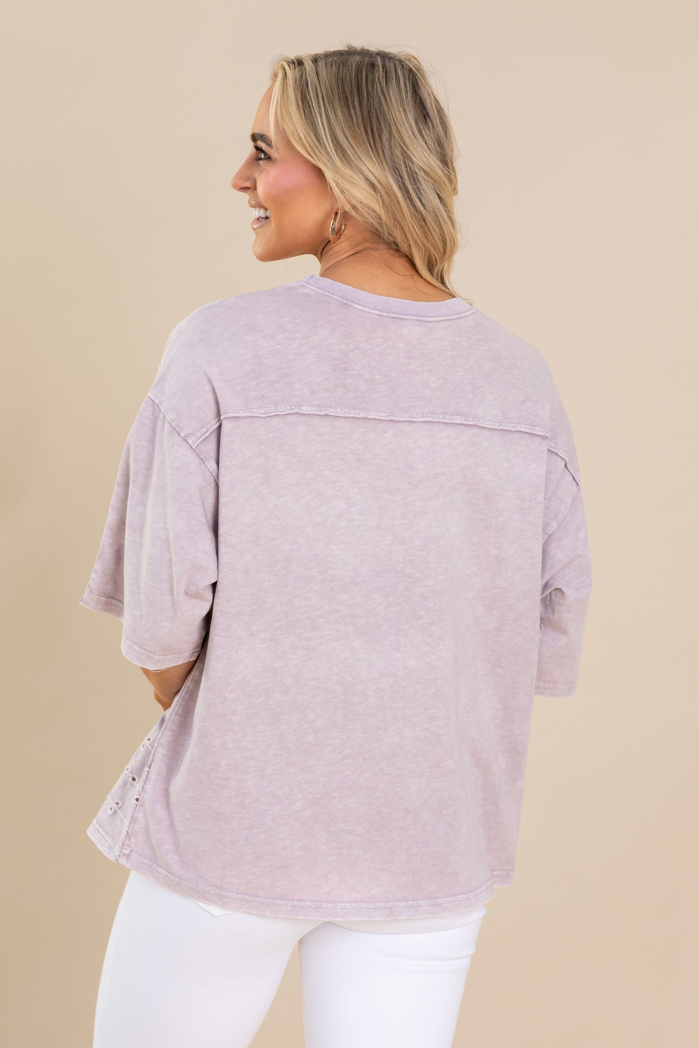 Dusty Lavender Embroidery Mix Slub Knit Top