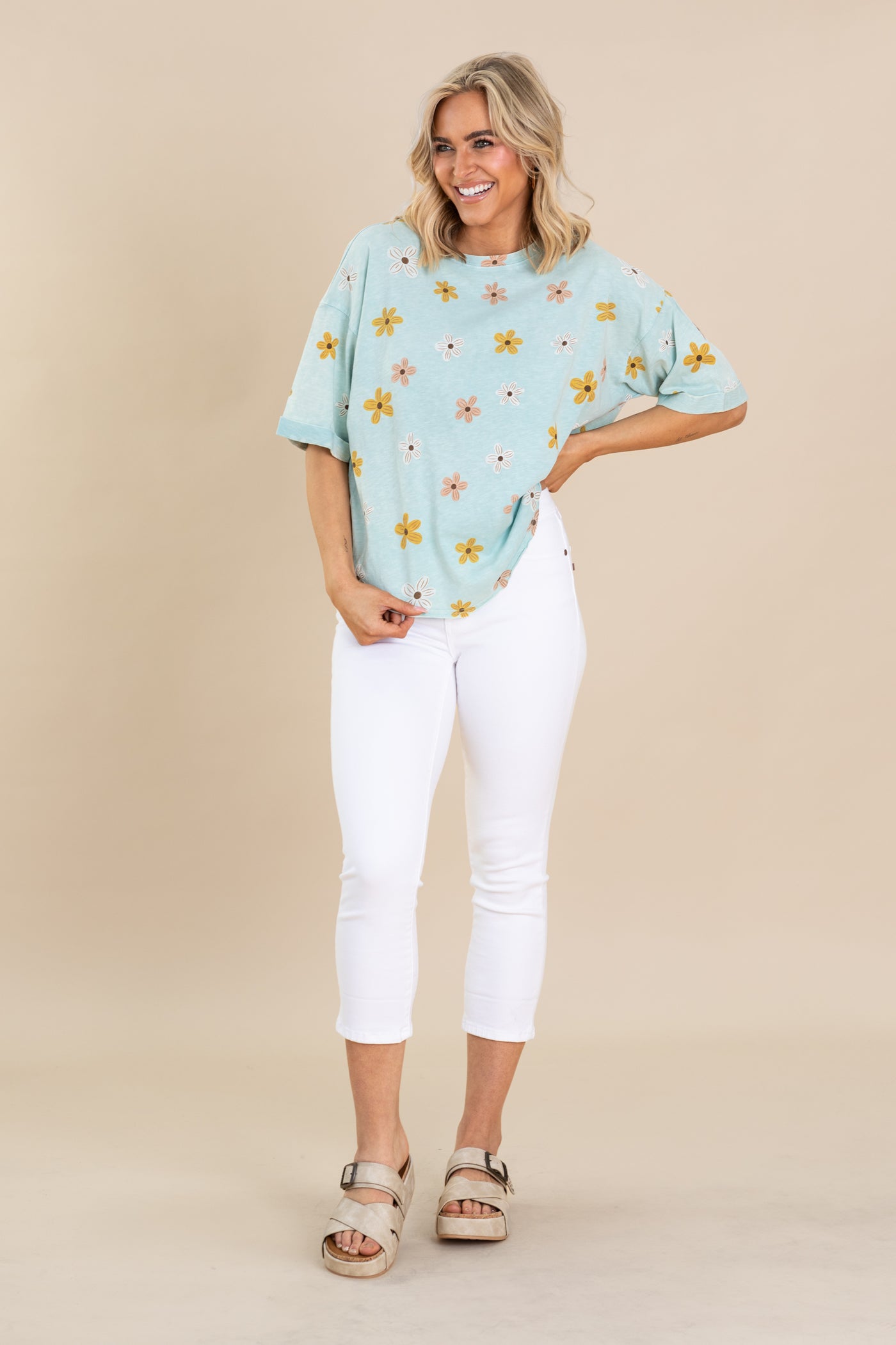 Light Teal Daisy Printed Cotton Slub Knit Top