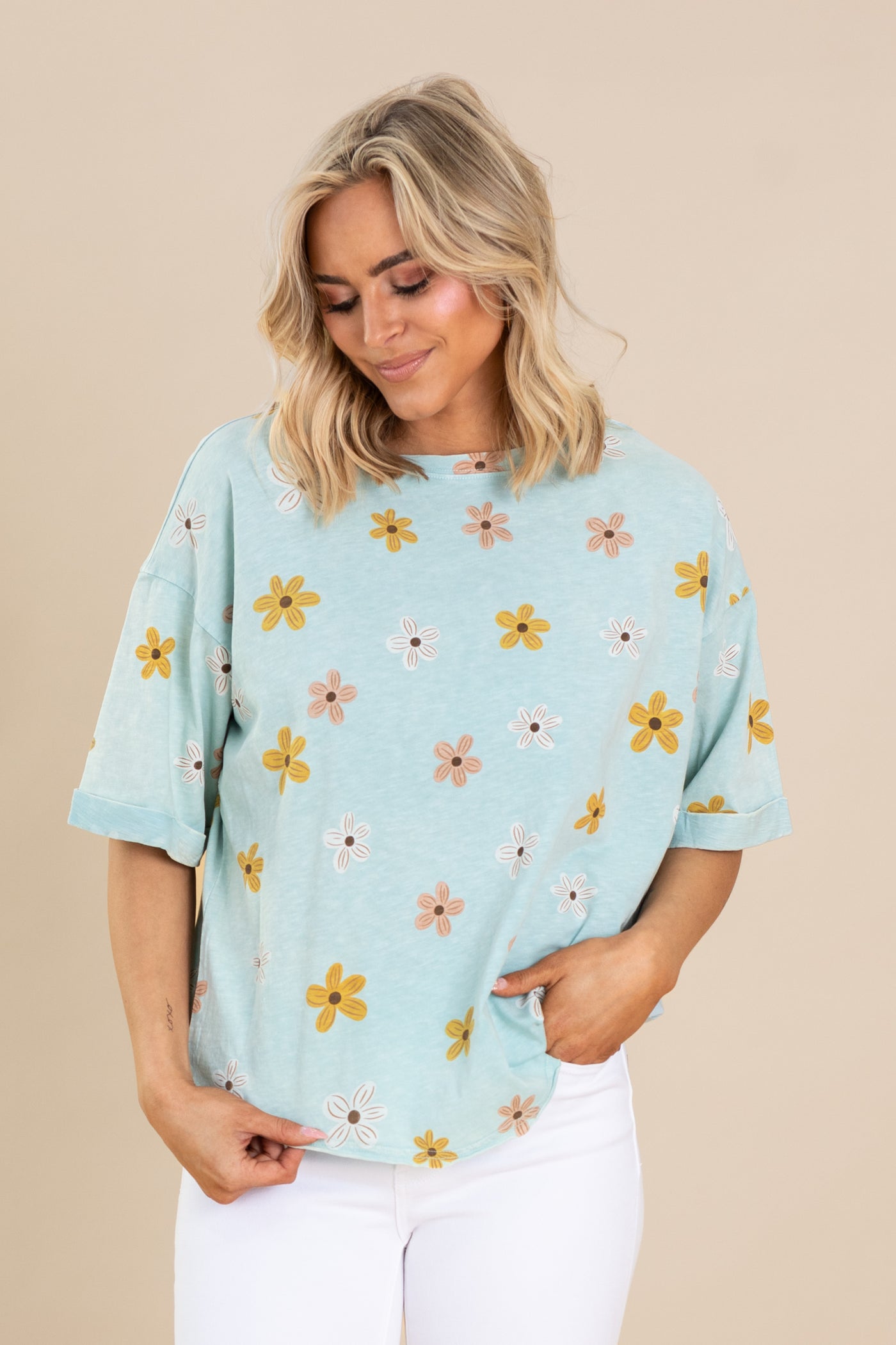 Light Teal Daisy Printed Cotton Slub Knit Top