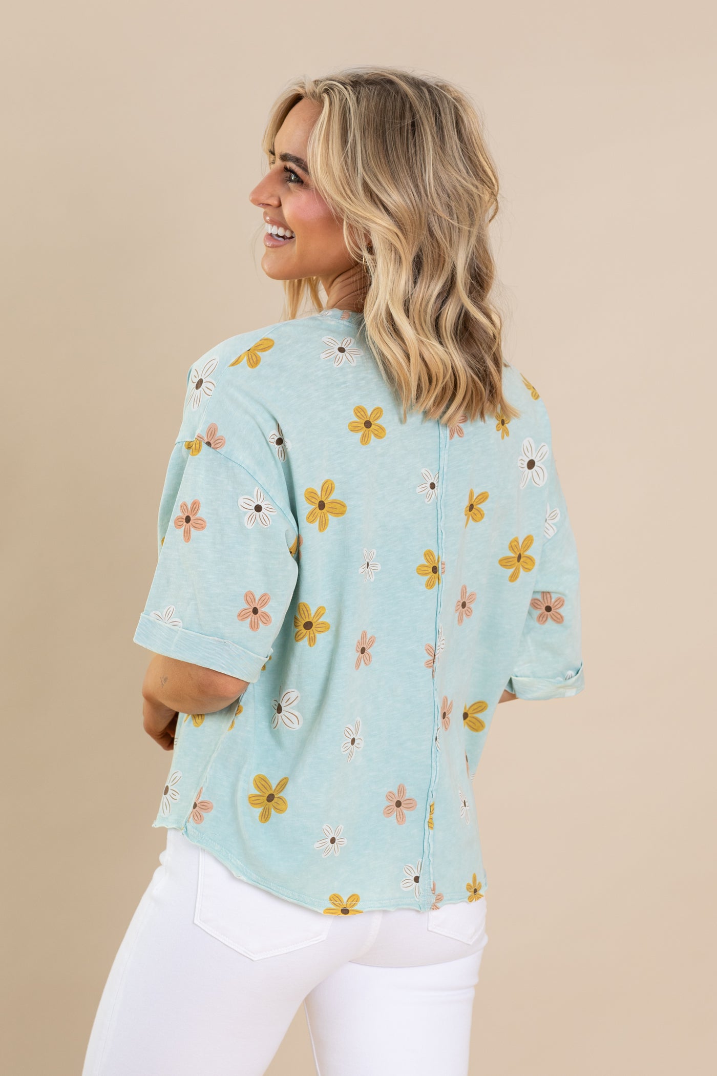 Light Teal Daisy Printed Cotton Slub Knit Top