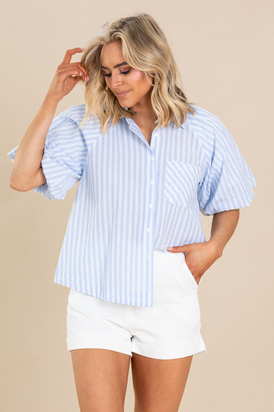 Baby Blue Striped Short Puff Sleeve Button Up