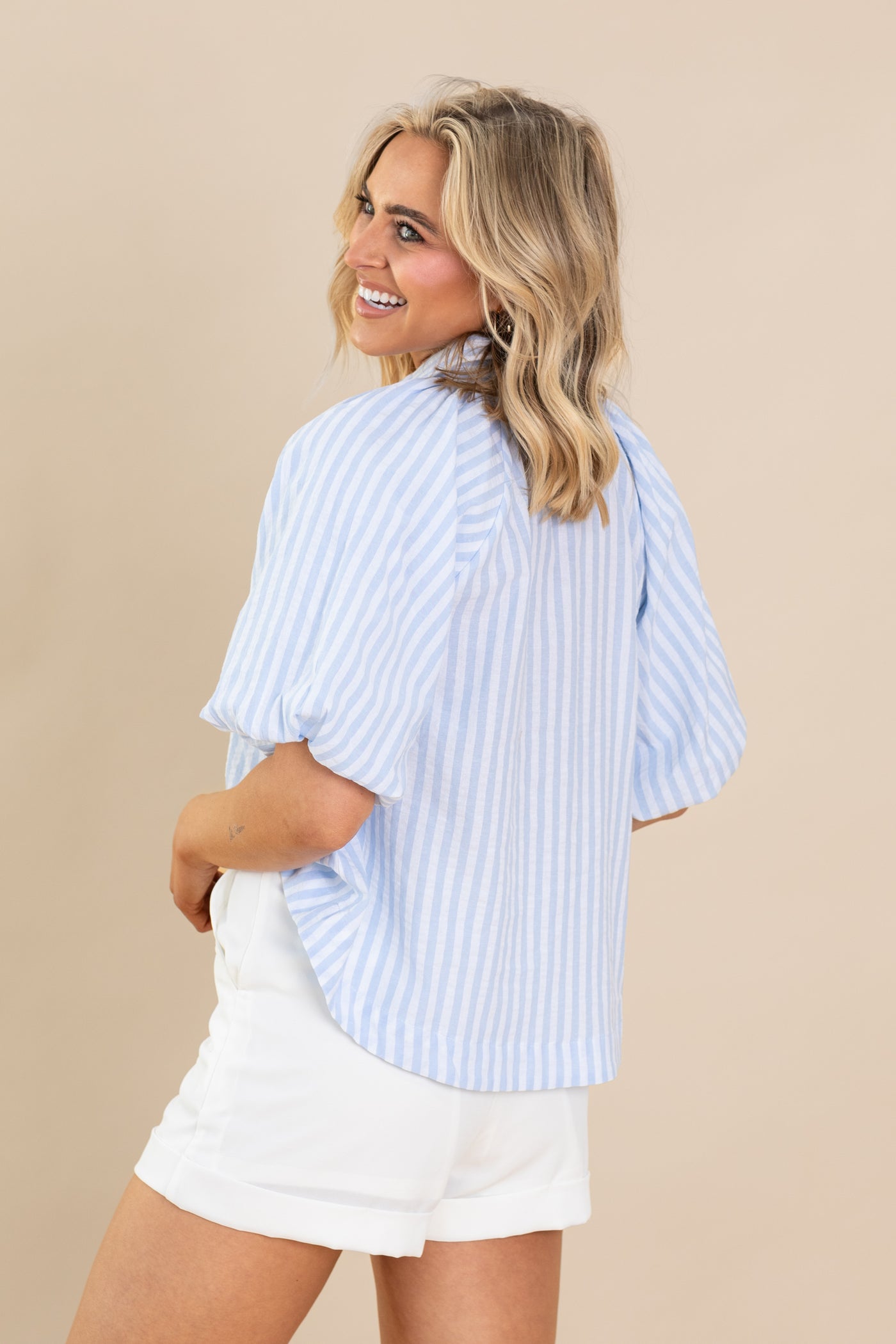 Baby Blue Striped Short Puff Sleeve Button Up