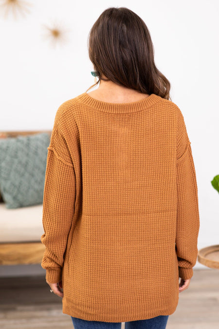 Cinnamon Waffle Knit Sweater With Buttons - Filly Flair