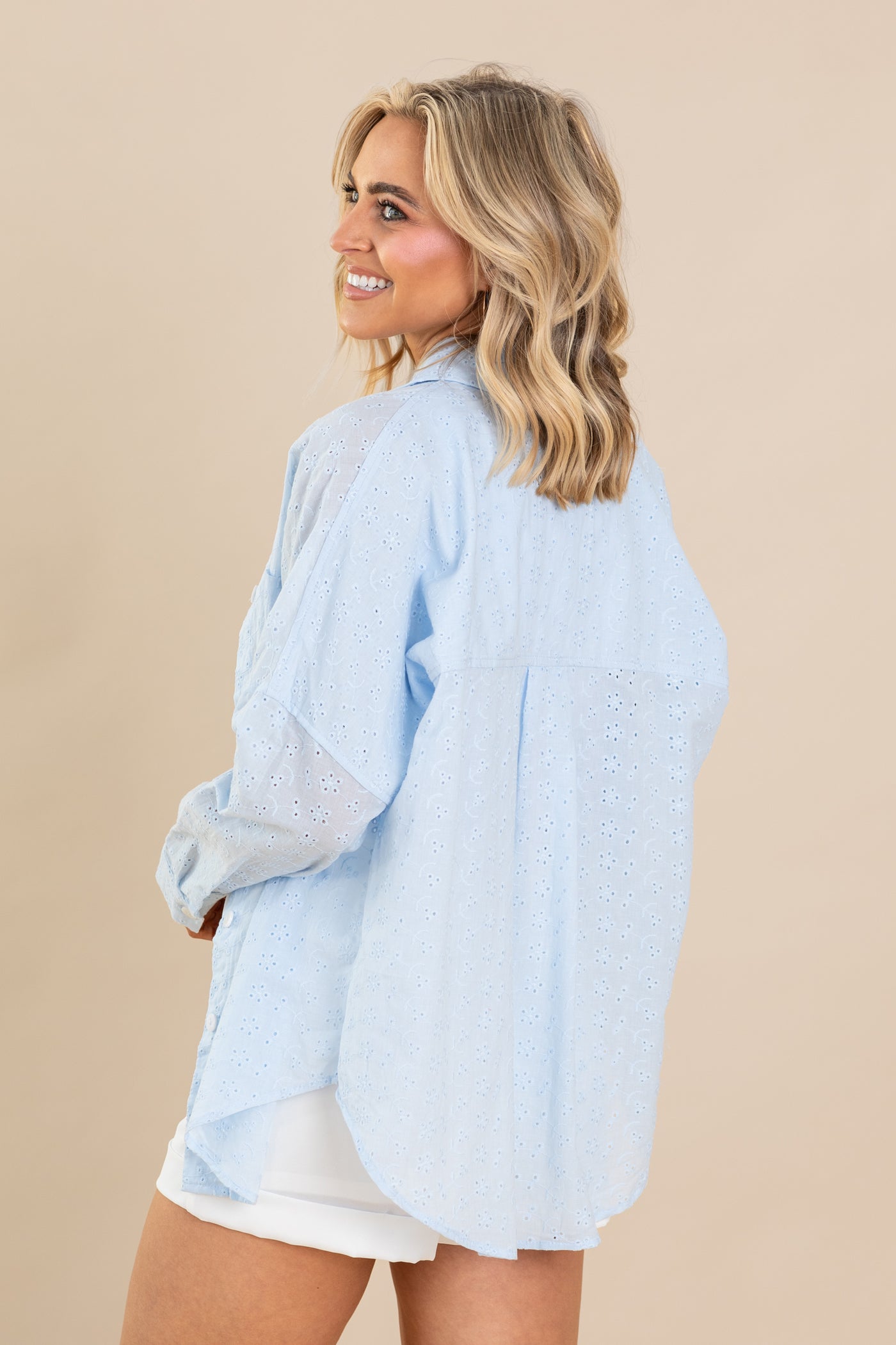 Pastel Blue Oversized Eyelet Button Up Top