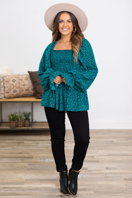 Teal Ditsy Floral Smocked Square Neck Top