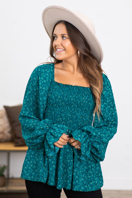 Teal Ditsy Floral Smocked Square Neck Top