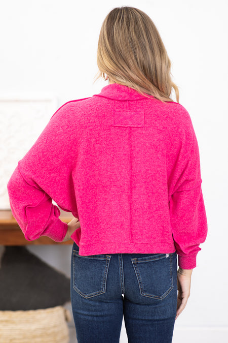 Hot Pink Hacci Knit Mock Neck Top