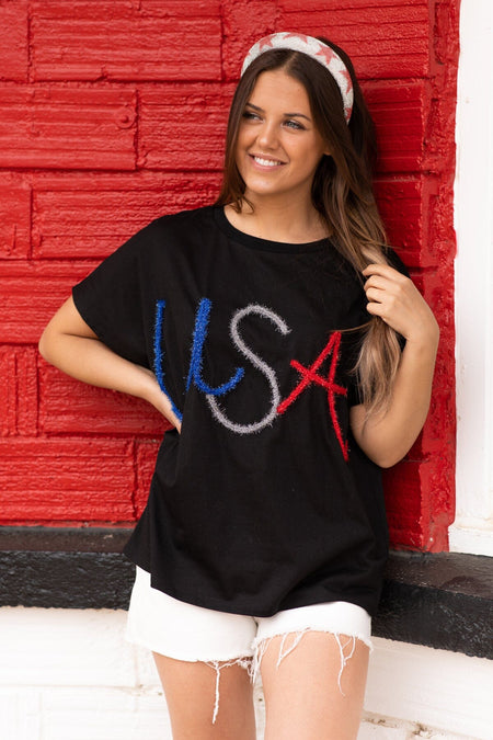 Black Metallic Letter USA Graphic Tee - Filly Flair