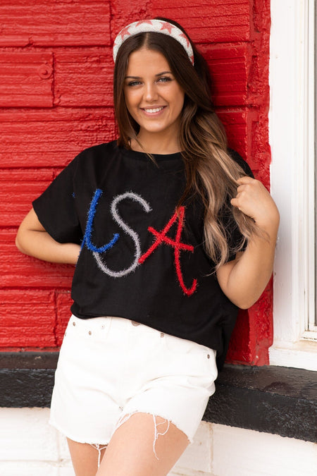 Black Metallic Letter USA Graphic Tee - Filly Flair