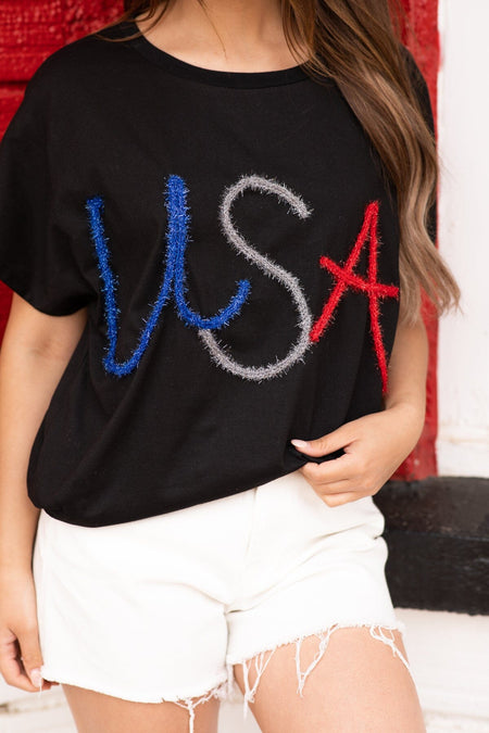 Black Metallic Letter USA Graphic Tee - Filly Flair