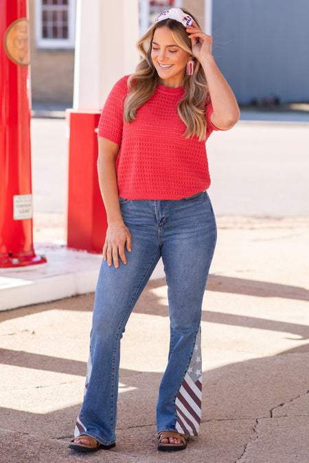 Crimson Pointelle Puff Short Sleeve Sweater