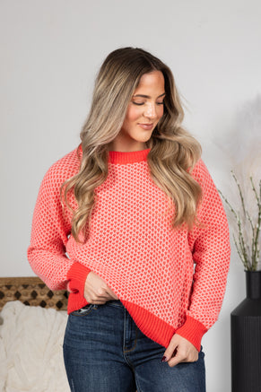 Coral Contrast Hem Waffle Knit Sweater