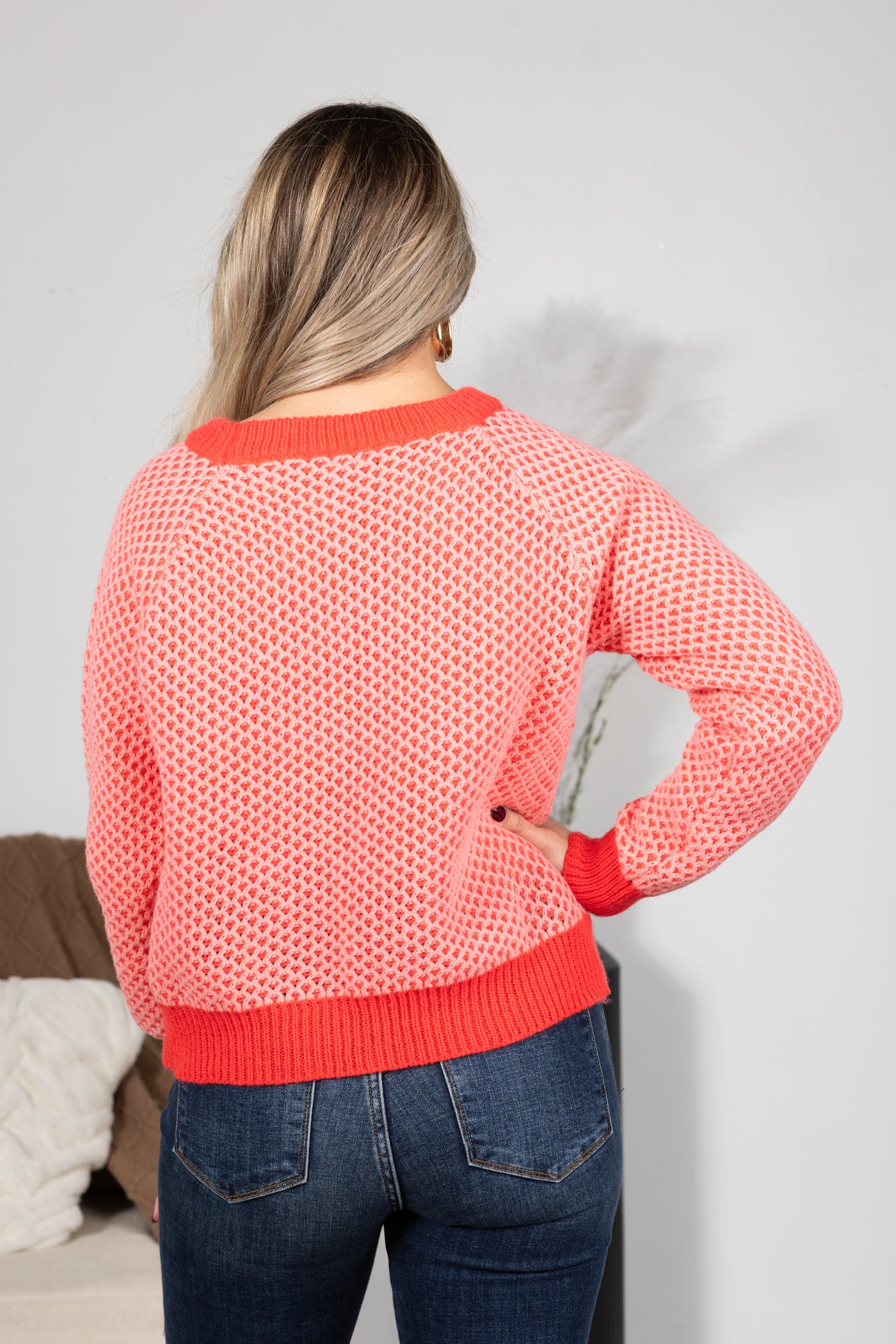 Coral Contrast Hem Waffle Knit Sweater