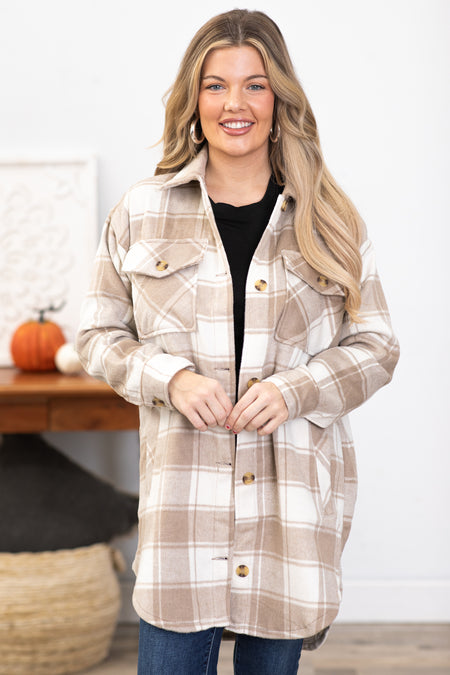 Tan and White Plaid Shacket With Pockets