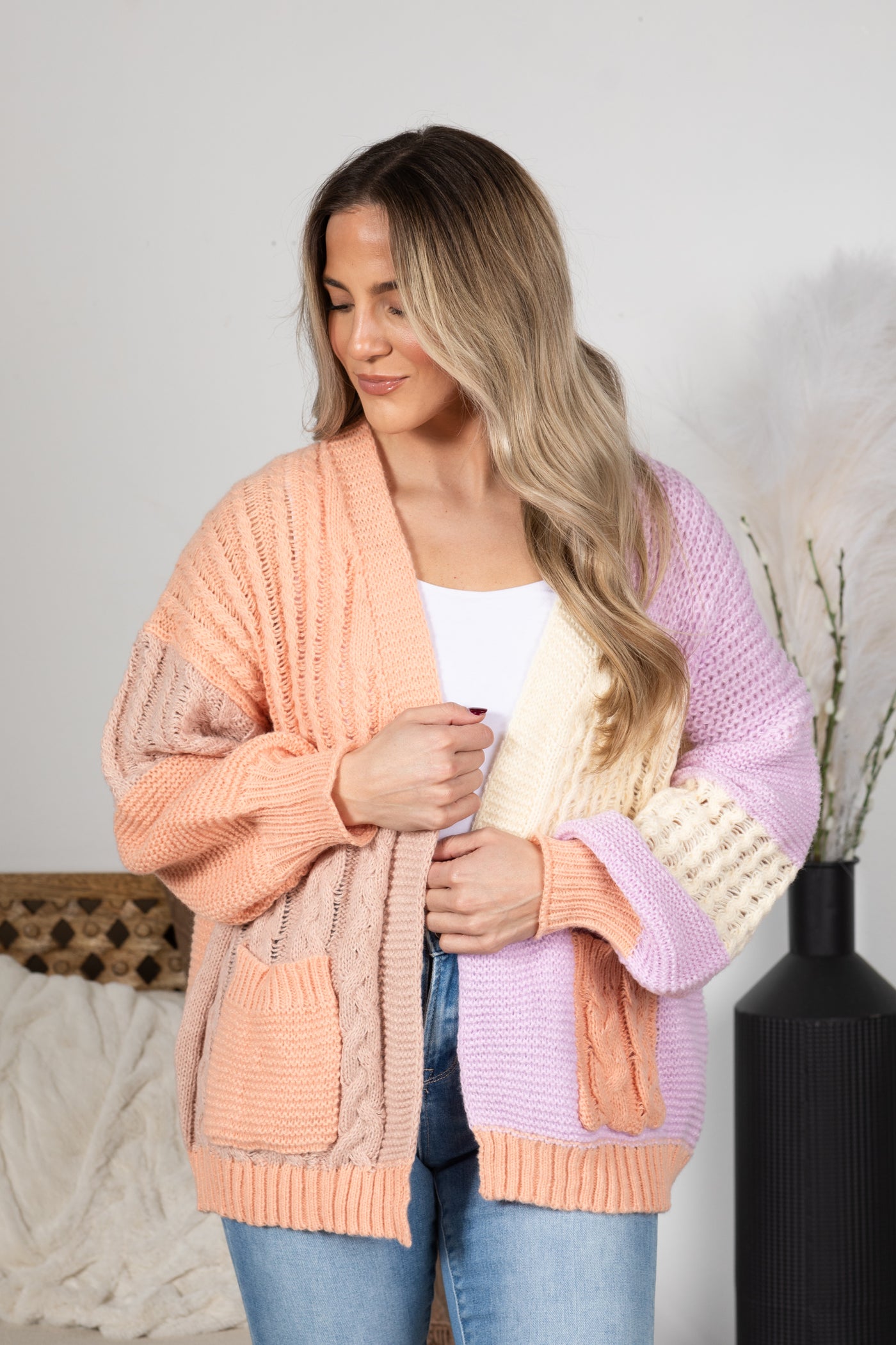 Peach Colorblock Sweater Cardigan