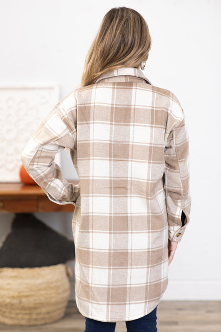 Tan and White Plaid Shacket With Pockets