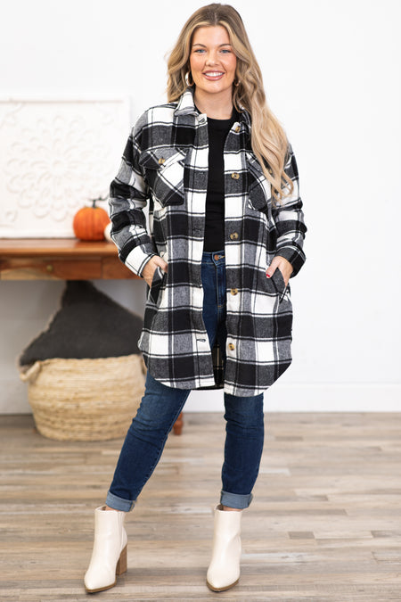 White and Black Plaid Shacket With Pockets