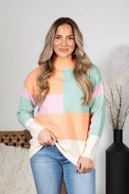 Multicolor Soft Colorblock Mock Neck Sweater