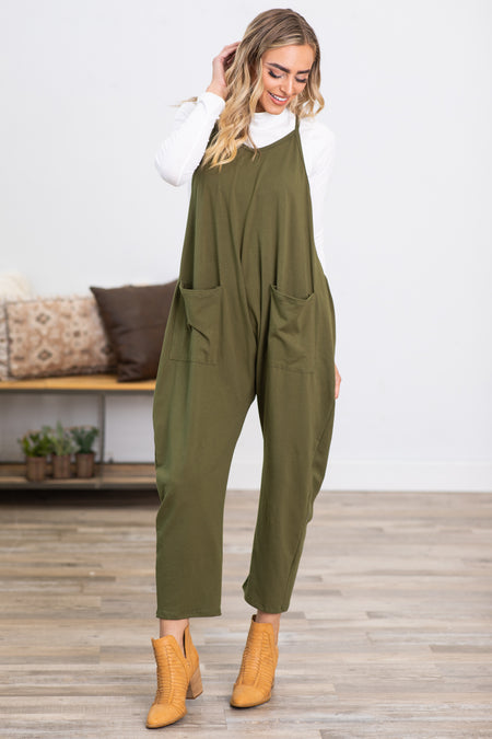 Olive Knit Jumpsuit With Pockets