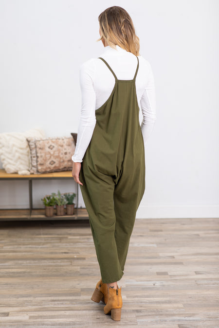 Olive Knit Jumpsuit With Pockets