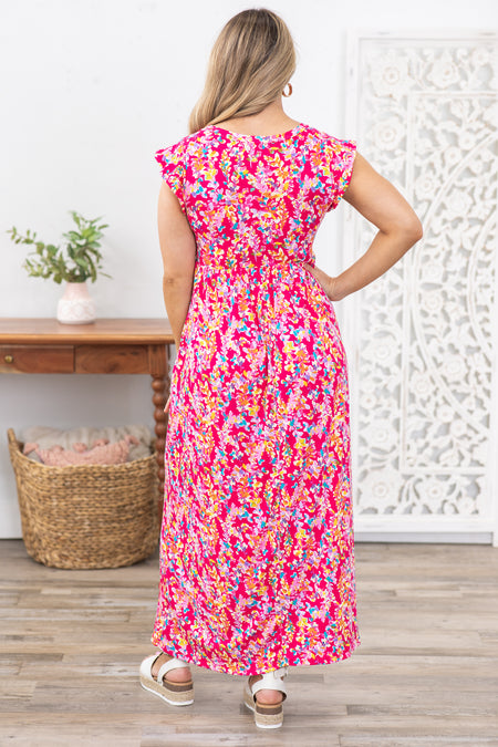 Fuchsia Floral Print Maxi Knit Dress