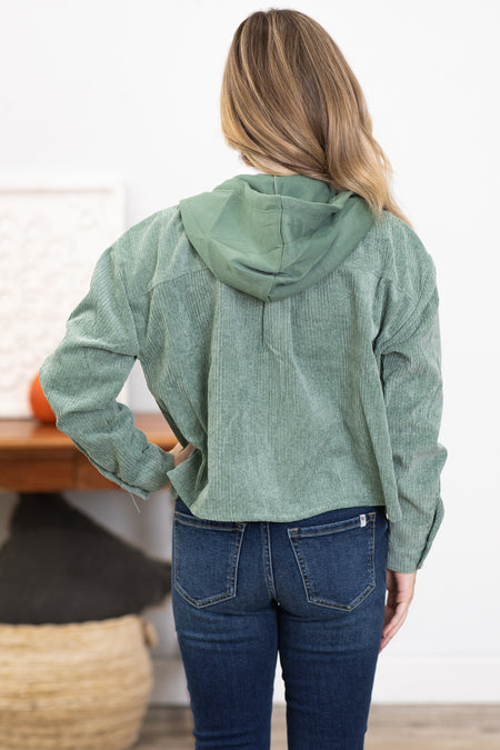 Sage Corduroy Jacket With Knit Hood