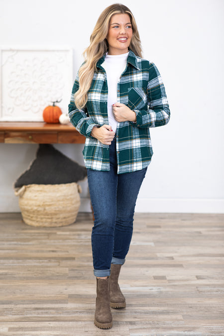 Emerald Green Plaid Sherpa Lined Shacket