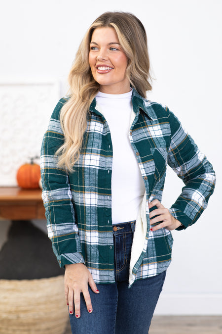 Emerald Green Plaid Sherpa Lined Shacket