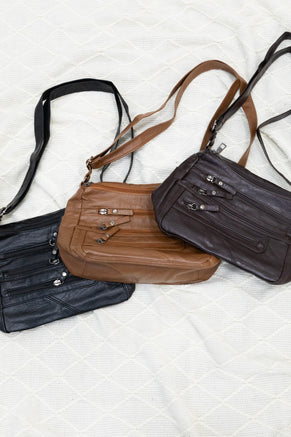 Vegan Leather Multi Zippers Crossbody Bag