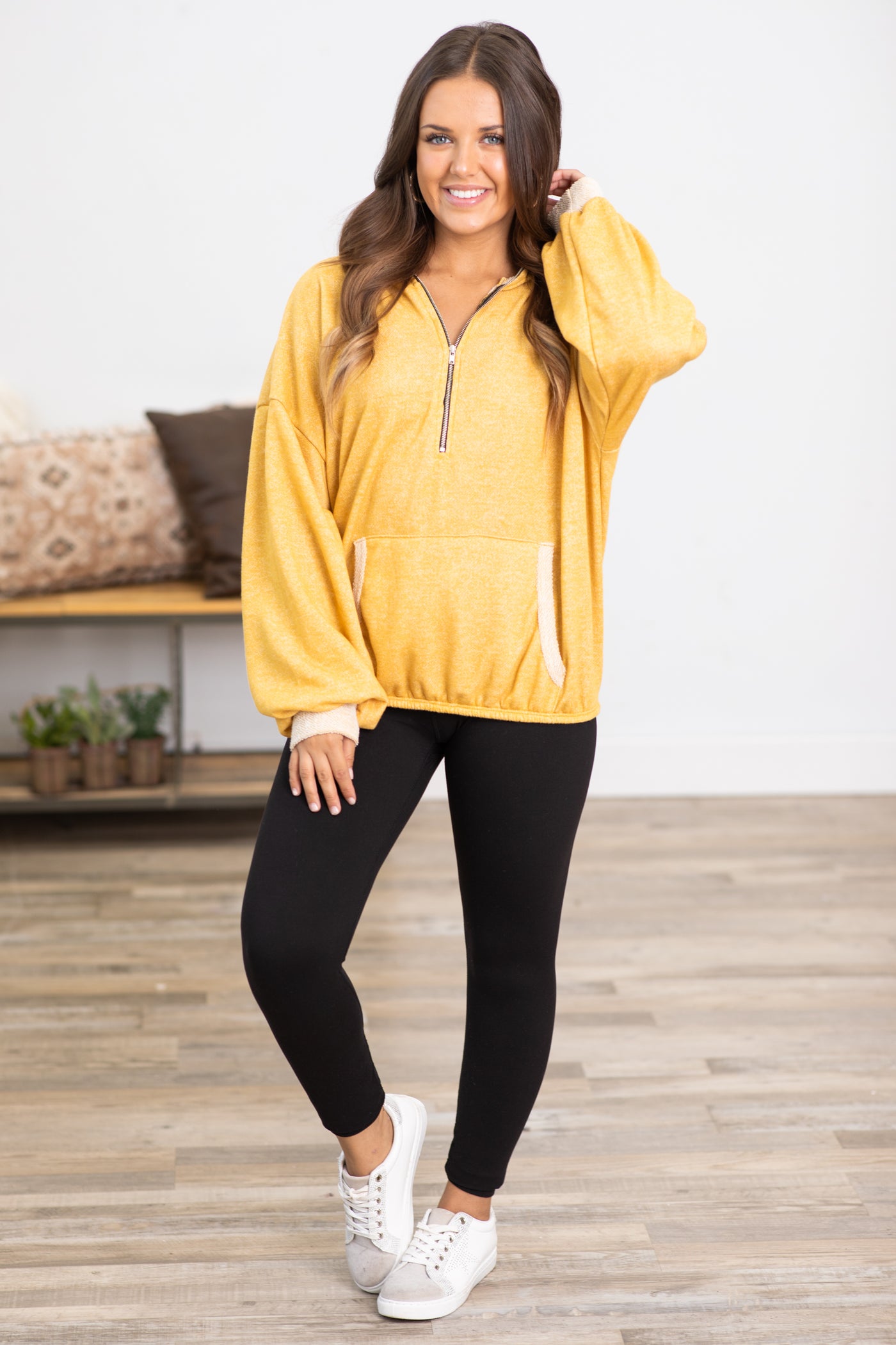 Mustard 1/2 Zip Hooded French Terry Pullover