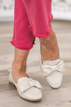 Ivory With Bow Flat Loafers