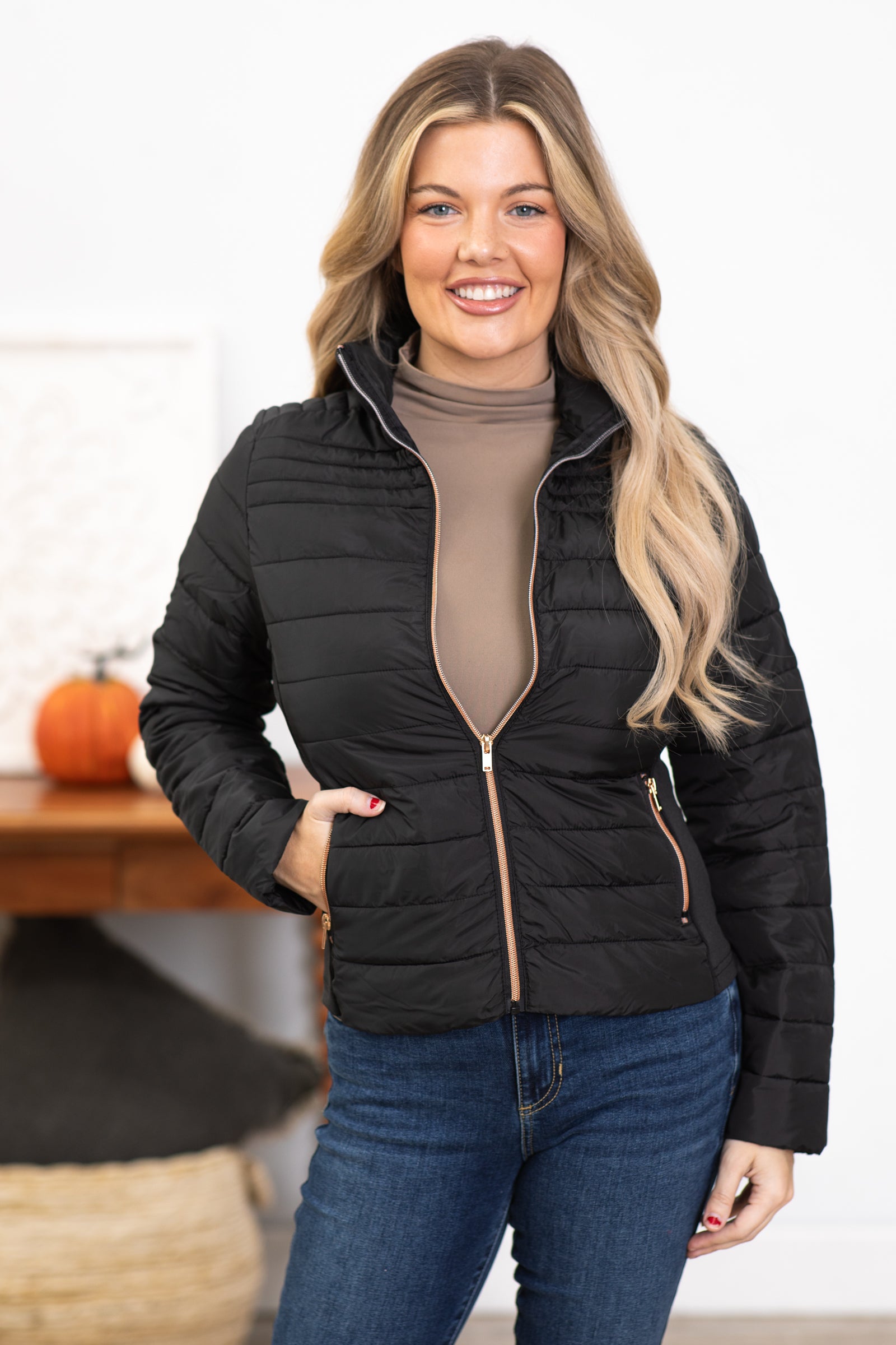 Black Lightweight Puffer Jacket With Knit Side · Filly Flair