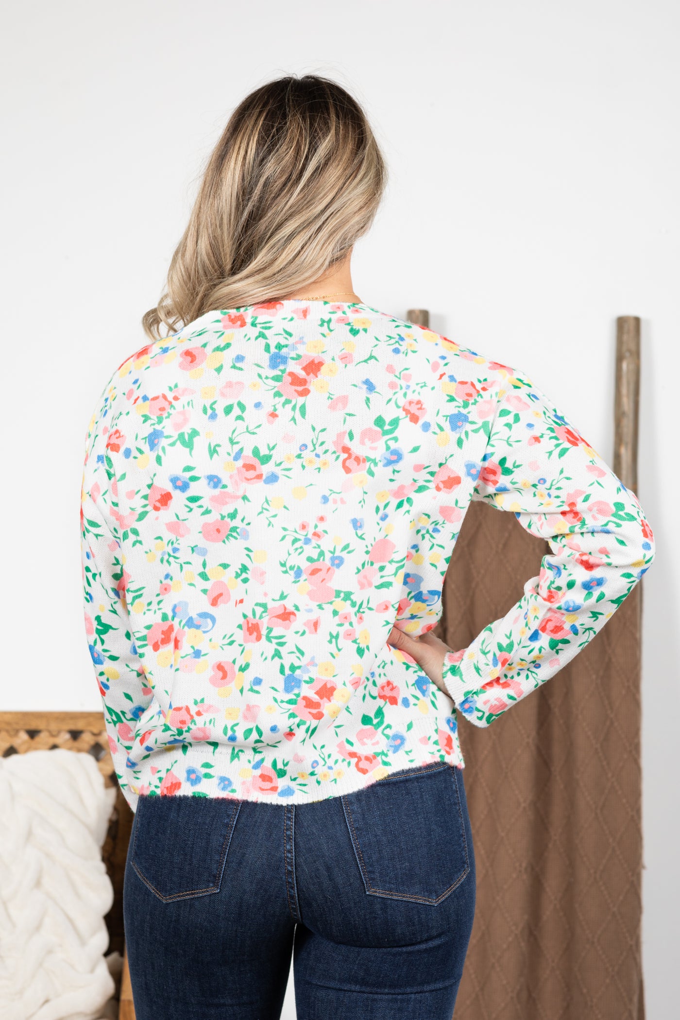 White Multicolor Floral Print Sweater Knit Top