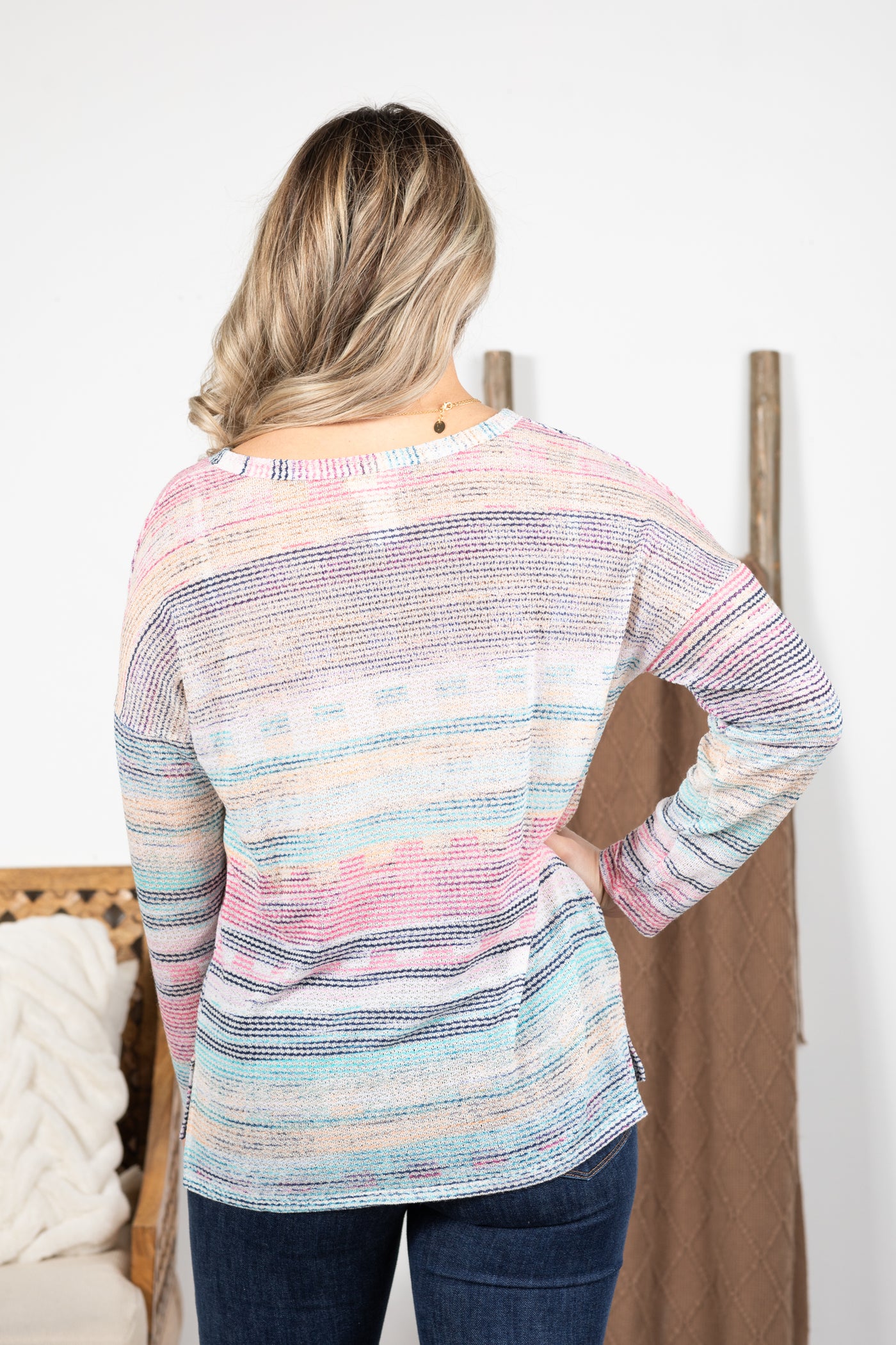 Ivory Multicolor Stripe Hacci V-Neck Knit Top