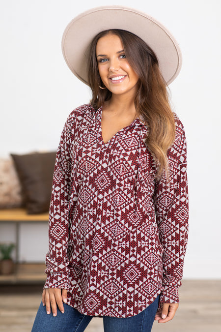 Burgundy Aztec Print V-Neck Top