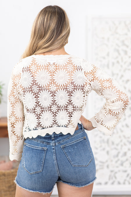 Ivory Floral Crochet Long Sleeve Cardigan