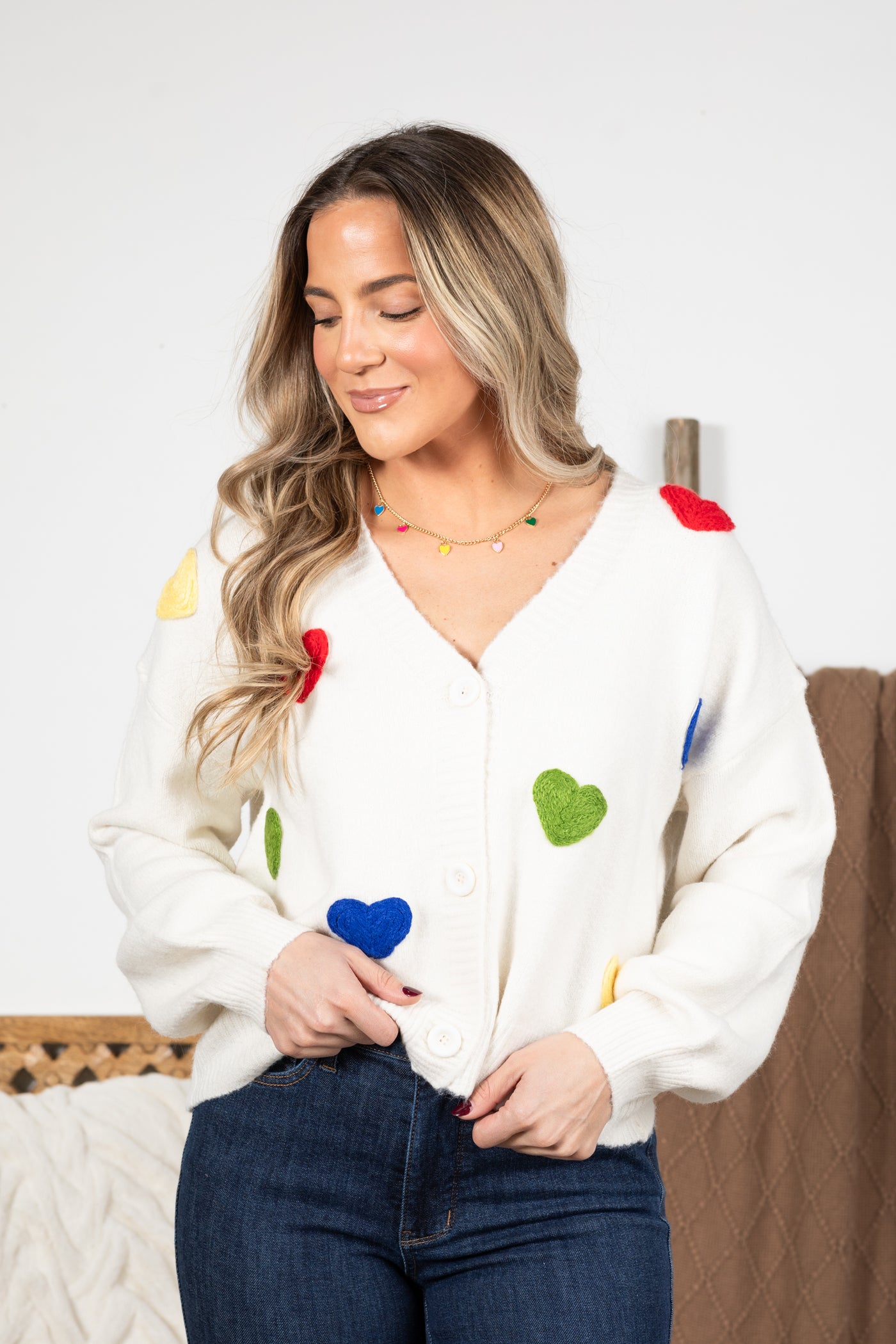 Ivory Puff Heart Knit Cardigan