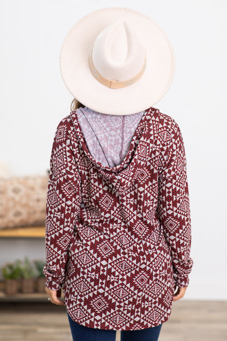 Burgundy Aztec Print V-Neck Top